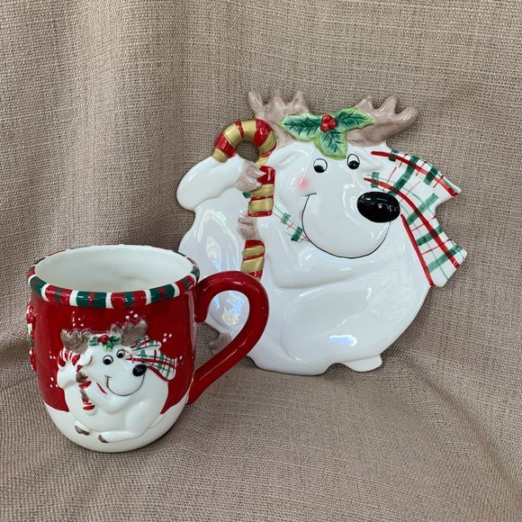 FITZ and FLOYD Reindeer Holiday Mug and Plate Set 2pc - Picture 1 of 15